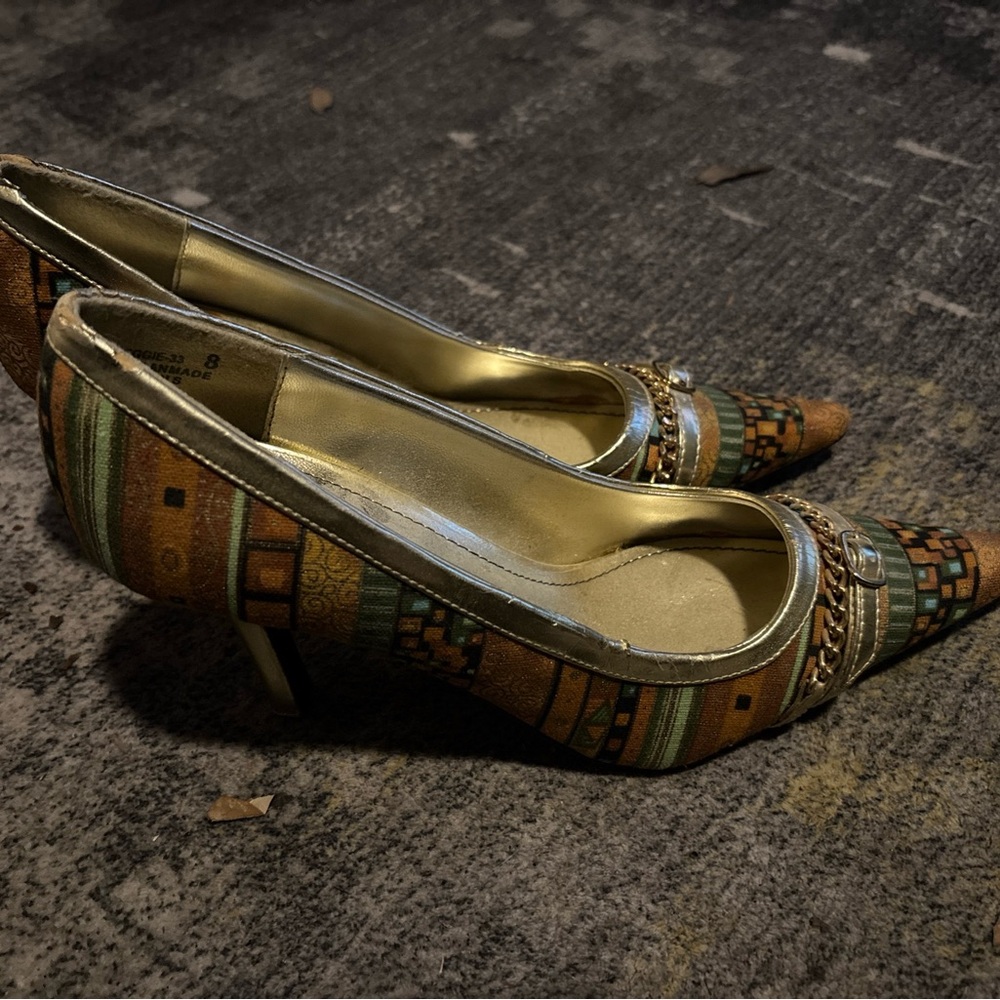 Anne Michelle Brown and Gold Heels with Intricate Design